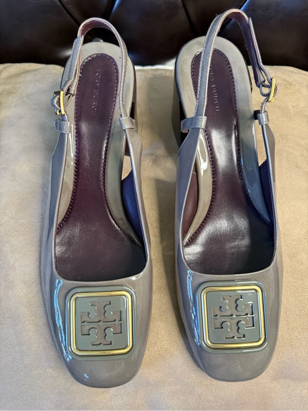 Tory Burch Taupe Patent Leather Slingback Heels with Gold Logo
